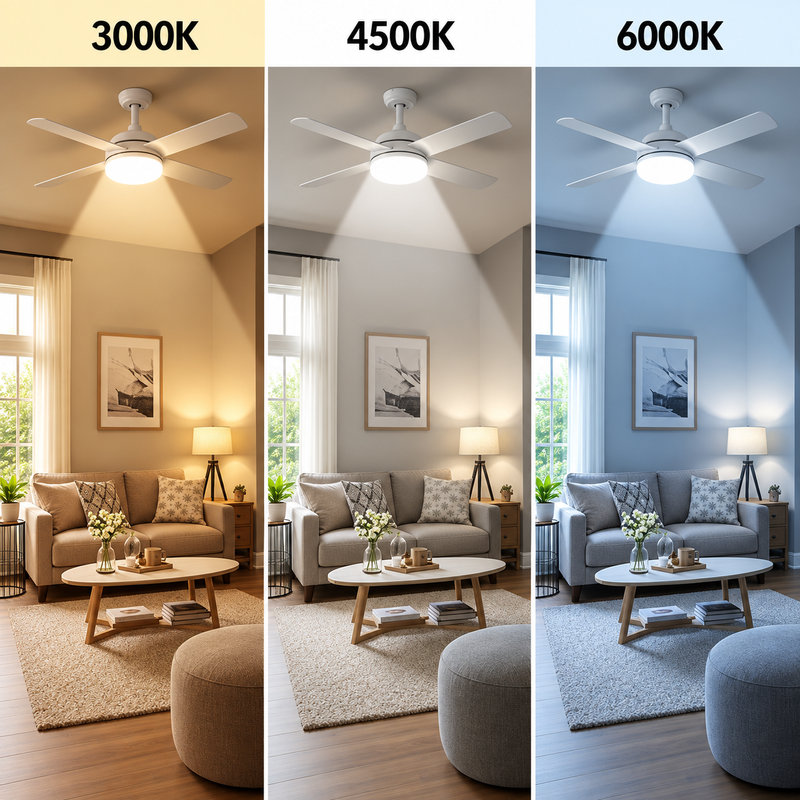 Illustration comparing warm, neutral, and cool ceiling fan light colors